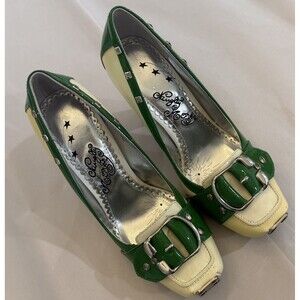 Naughty Monkey Green with Ivory Shoes Heels Silver Buckles Size 7 Fun 4” Heels